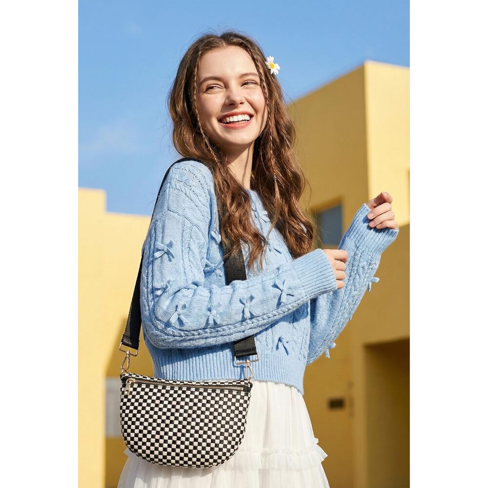 2727 Vegan Leather Crossbody Bags , Checkered PU Bum Bag Sling - Picture 3 of 8